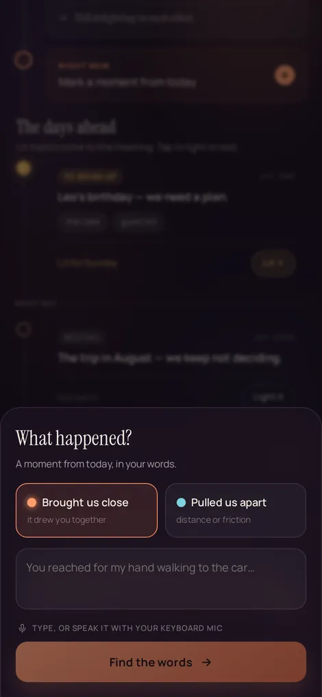Linnet capture-a-moment sheet — jot a moment in your own words and a quiet AI helps you find what you mean.
